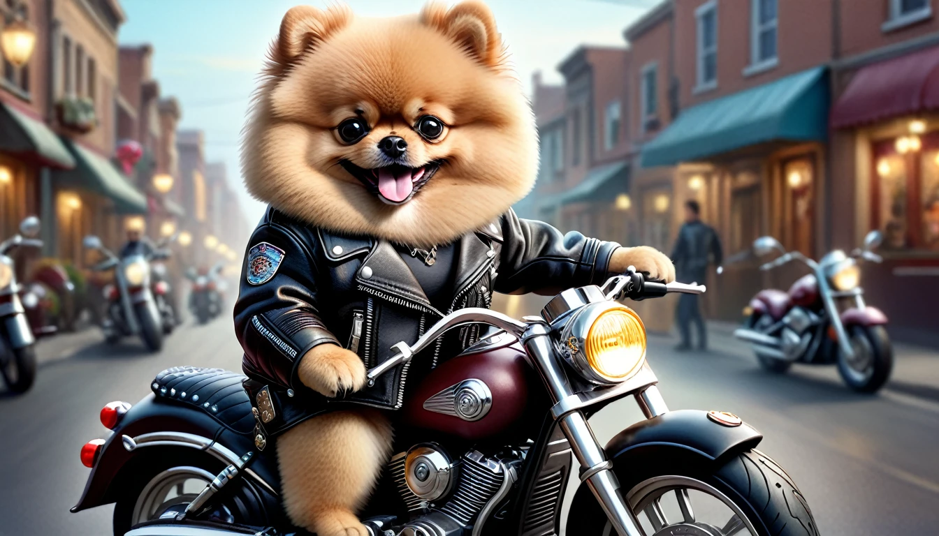 photorealistic portrait of Dressed animals-a ((fat)) ((Pomeranian)) ,(furry), (riding on motorcycle:1.5), (dog on motorcycle:1.5),(smile:1.5),high quality,(happy),(lovely) ,intricate details, Wearing leather jacket, (), highly detailed ((leather jacket)) ,highly detailed decorations of clothes, , (happy), soft lighting,(full body image:2.0),street background,(leather boots),
