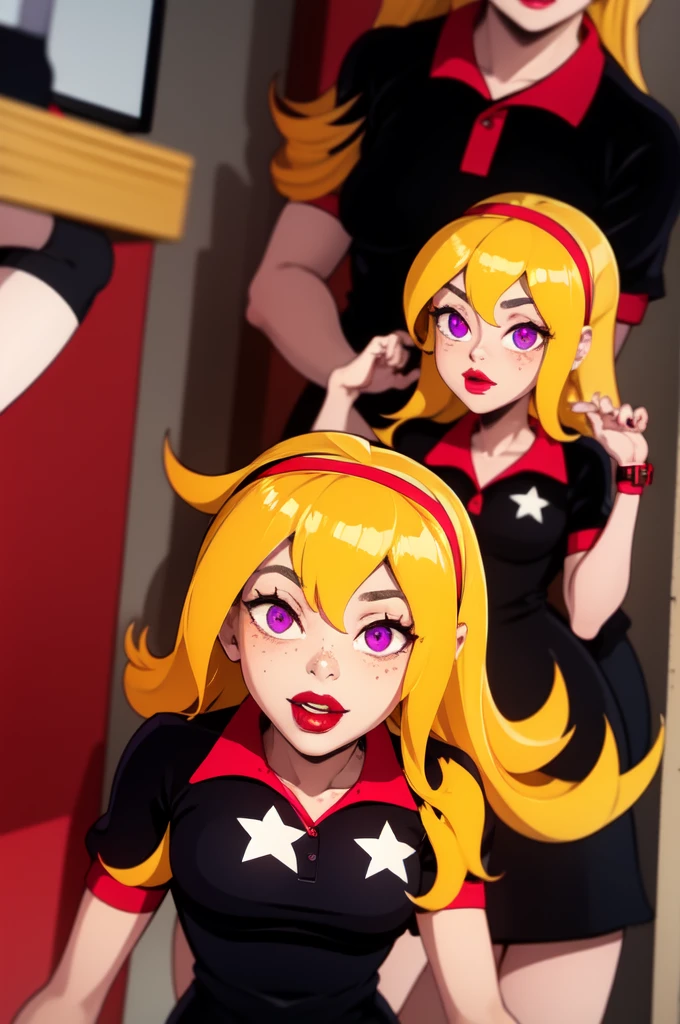 yellow hair, black dress, freckles, lipstick, big , purple eyes, Lucy Mann, big ass, seductive pose, solo, tight outfit, masterpiece, high quality, humanoid, ultra 4k, black polo, red collar, red cuffs, white single 5-point star shirt design centered