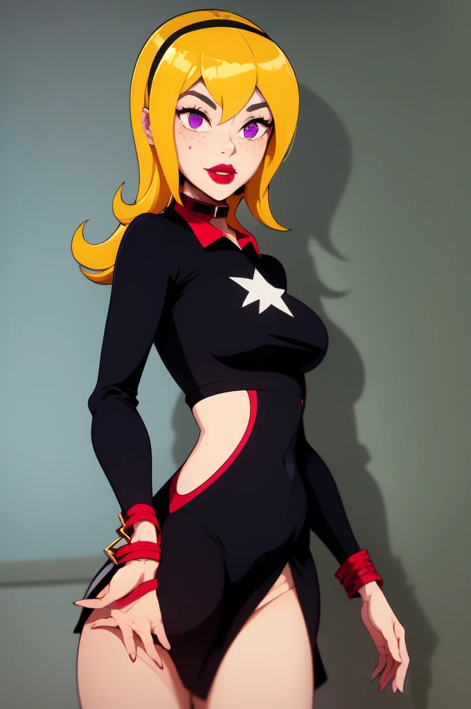 yellow hair, black dress, freckles, lipstick, big , purple eyes, Lucy Mann, big ass, seductive pose, solo, tight outfit, masterpiece, high quality, humanoid, ultra 4k, black polo, red collar, red cuffs, white single 5-point star shirt design centered