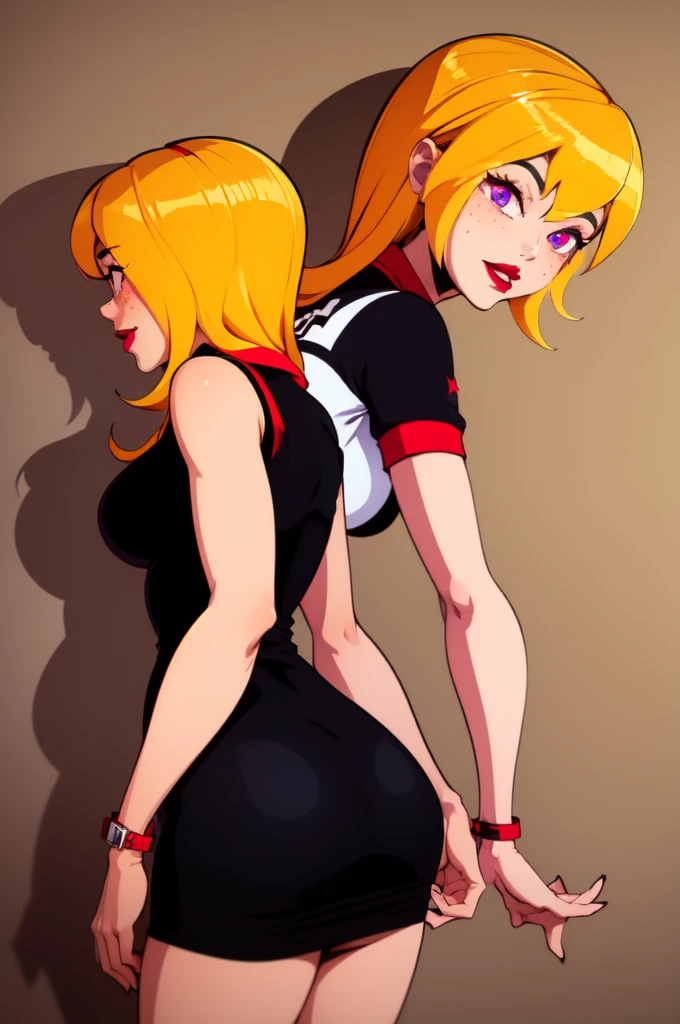 yellow hair, black dress, freckles, lipstick, big , purple eyes, Lucy Mann, big ass, seductive pose, solo, tight outfit, masterpiece, high quality, humanoid, ultra 4k, black polo, red collar, red cuffs, white single 5-point star shirt design centered