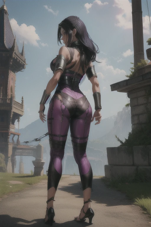 sindel, black hair,  multicolored hair,  brown eyes, 
purple bodysuit,  cleavage, 
standing, upper body,   from behind,  ass, looking back, 
morning, royal castle,tied in a pole,chain on neck,chain on hand,chain on legs,no shoes,crying,beging
(insanely detailed, beautiful detailed face, masterpiece, best quality),  