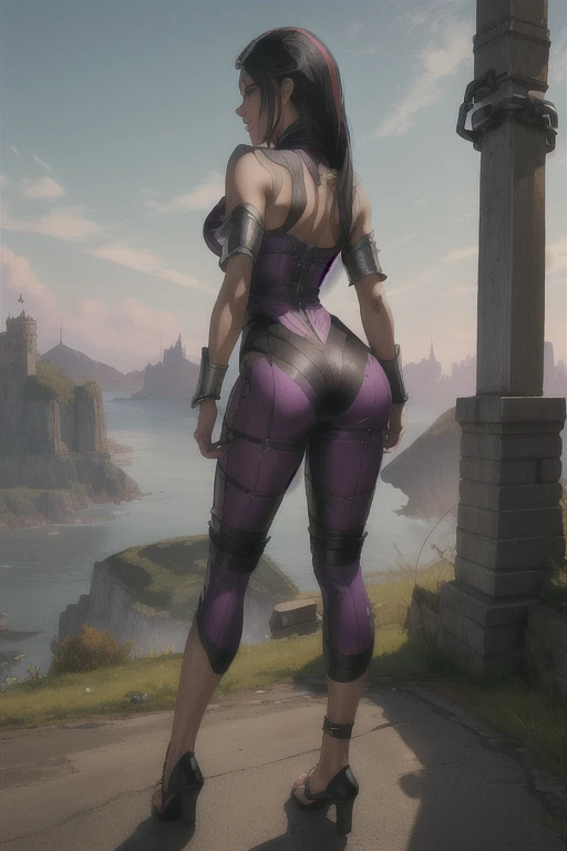 sindel, black hair,  multicolored hair,  brown eyes, 
purple bodysuit,  cleavage, 
standing, upper body,   from behind,  ass, looking back, 
morning, royal castle,tied in a pole,chain on neck,chain on hand,chain on legs,no shoes,crying,beging
(insanely detailed, beautiful detailed face, masterpiece, best quality),  