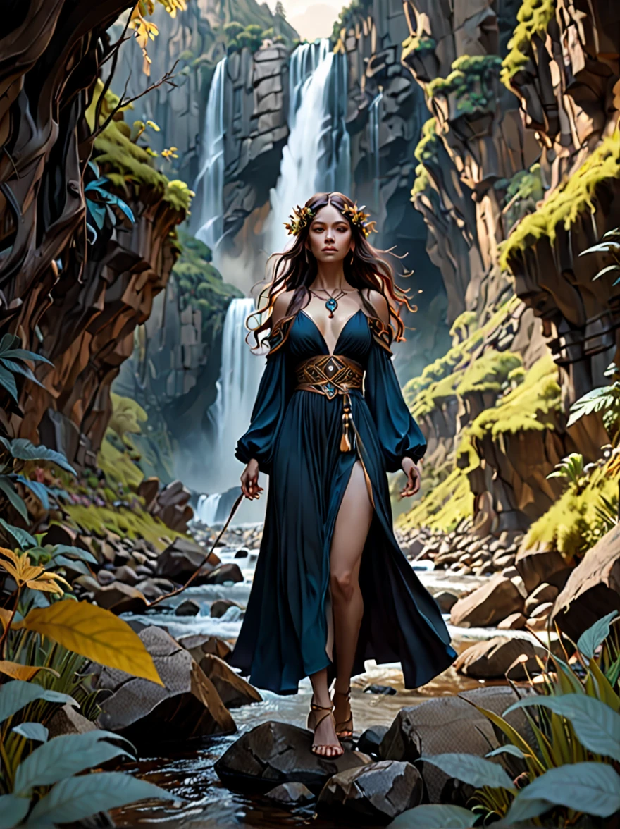 por Brian Froud e Petros Afshar, ((nobody:1.9)), photorealistic medium full photo of a (paisagem de outro mundo:1.2), with gorges, a river, mountainscape, forst, (exotic , chic , masterful:1.4), bold lines, ultra detali, awardwinning, limited dark color palette, hight contrast, Depth of field, (details Intricate, work of art, best qualityer:1.4), lighting, dynamic pose, wide angle panoramic view,