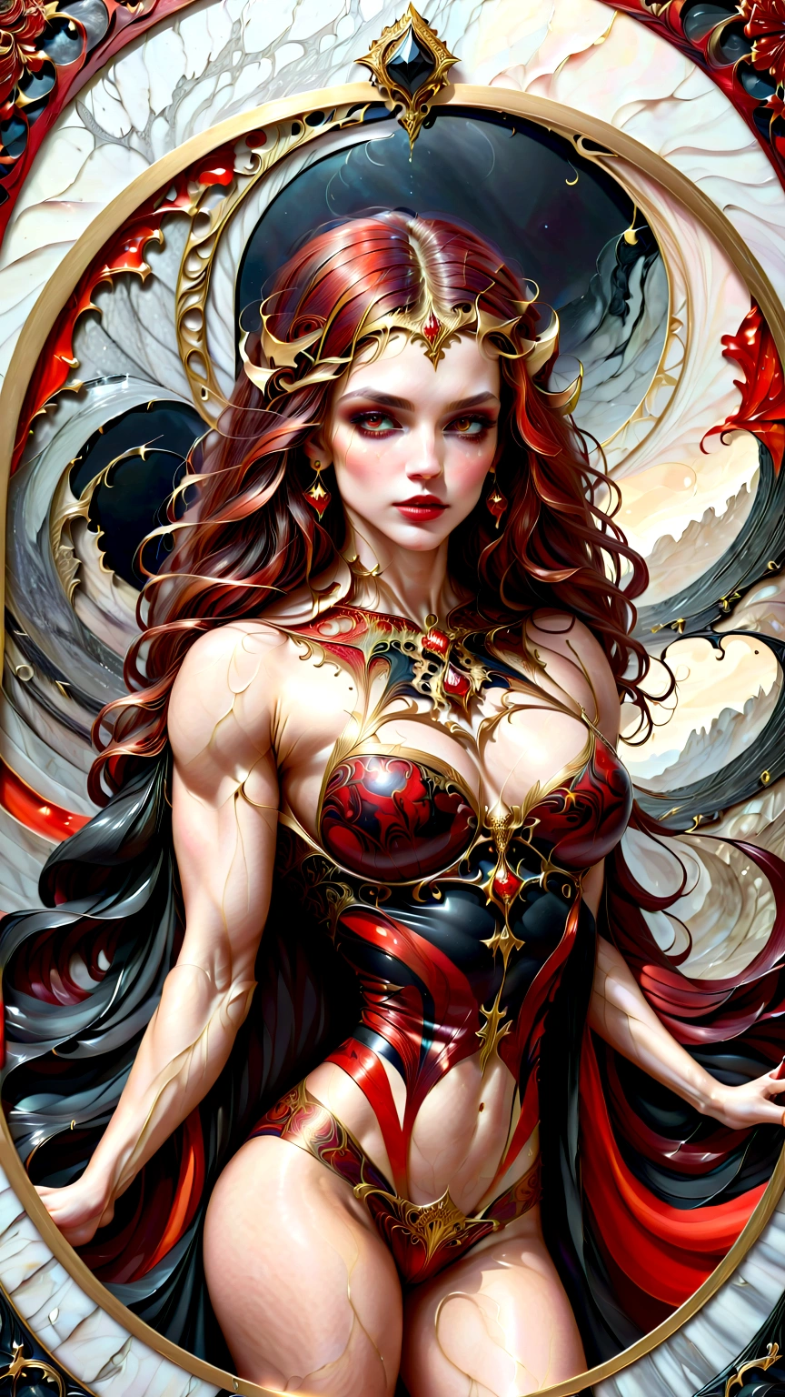 a beautiful illustration of a very muscular vampire girl in an abstract marble texture with a tarot style frame, with colors of obsidian black, shiny gold, and ruby red, highly detailed, intricate design, BY Anne Bachelier,