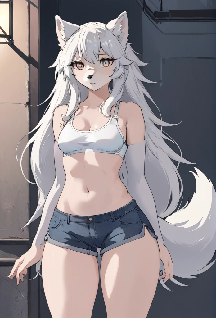 White and gray wolf girl,long white hair,wearing a bra and wearing shorts