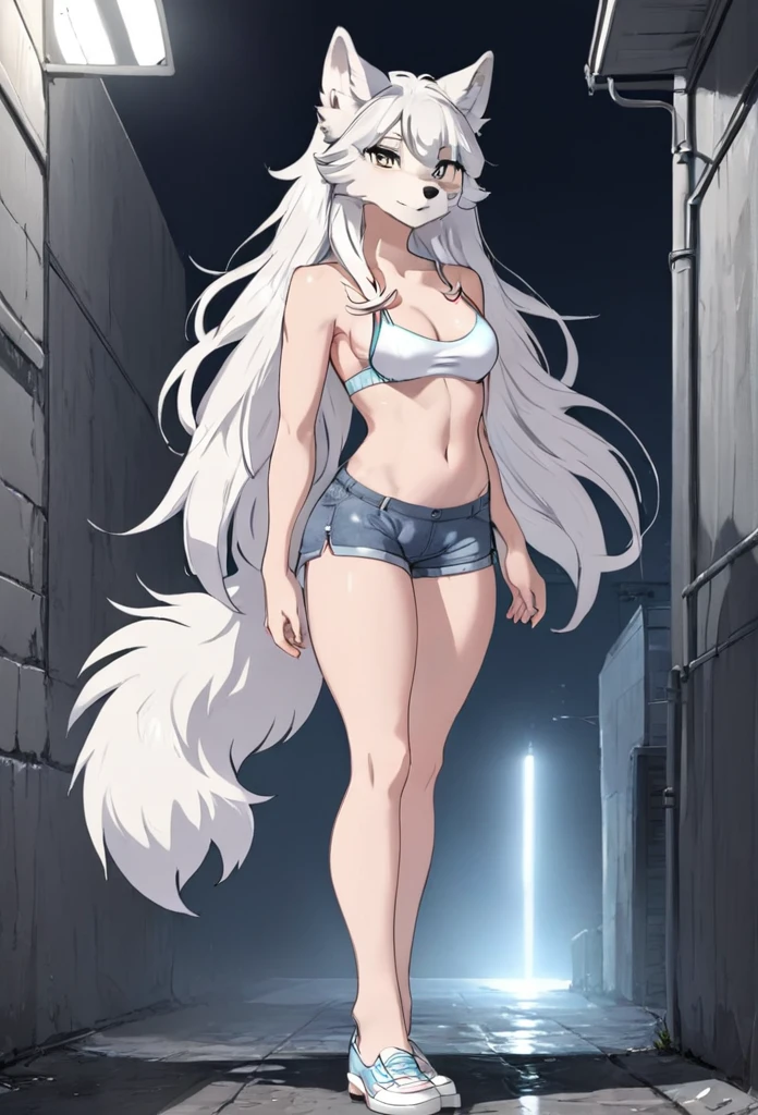 White and gray wolf girl,long white hair,wearing a bra and wearing shorts