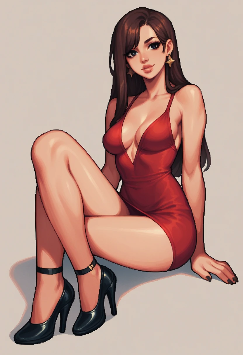score_9, score_8_up, score_7_up, score_6_up, detailed pixel art of a woman, brown, smooth skin, black eyes, long dark brown hair, full lips, slender physique, black skater dress, black heels

