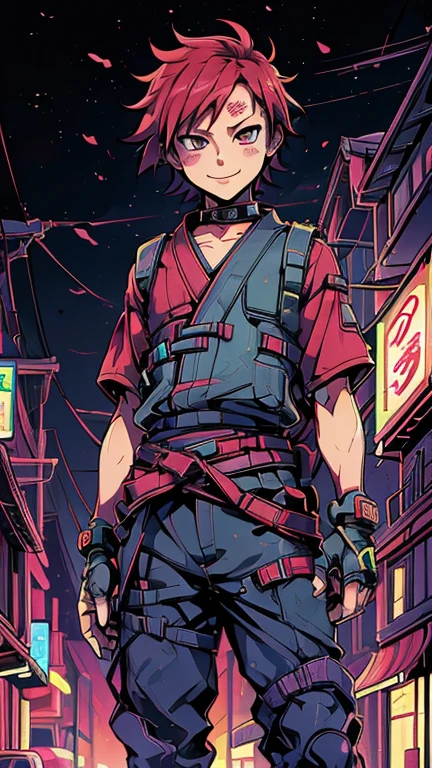 (8k),(masterpiece),(Japanese),(8--old ),((innocent look)),((Childish)),From the front,smile,cute,Innocent,Kind eyes,Flat chest, Gaara,short,Hair blowing in the wind, Red Hair,Strong wind,night,dark, Neon light Cyberpunk Konoha Village 