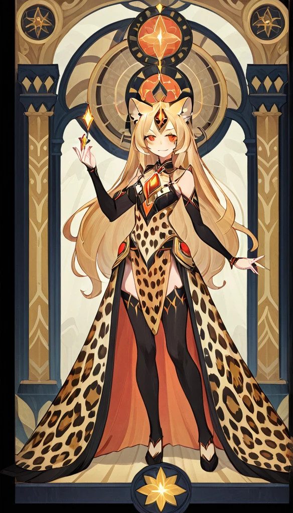 score_9, score_8_up, score_7_up, score_6_up, score_5_up, score_4_up,
female, (tabaxi, cheetah:1.2), long hair, blonde hair, brown eyes, eyelashes, frills, tribal general costumes, long sleeves, light smile,
Full body standing painting, (((solo))), Clear facial features, Simple line design, ((tarot card background, symmetric beauty)), perfectly symmetrical, The art of symmetry, Standing drawings of characters, ((flatcolors)), tmasterpiece,top Quority,best qualtiy,Ultra-high resolution, ((Clear facial features,beautidful eyes,beauitful face, Exquisite facial features)),