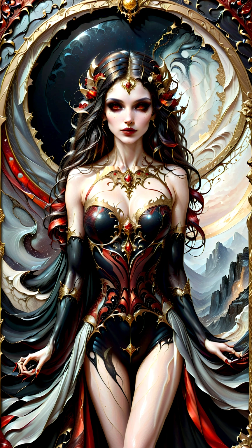 a beautiful illustration of a very muscular vampire girl in an abstract marble texture with a tarot style frame, with colors of obsidian black, shiny gold, and ruby red, highly detailed, intricate design, BY Anne Bachelier,