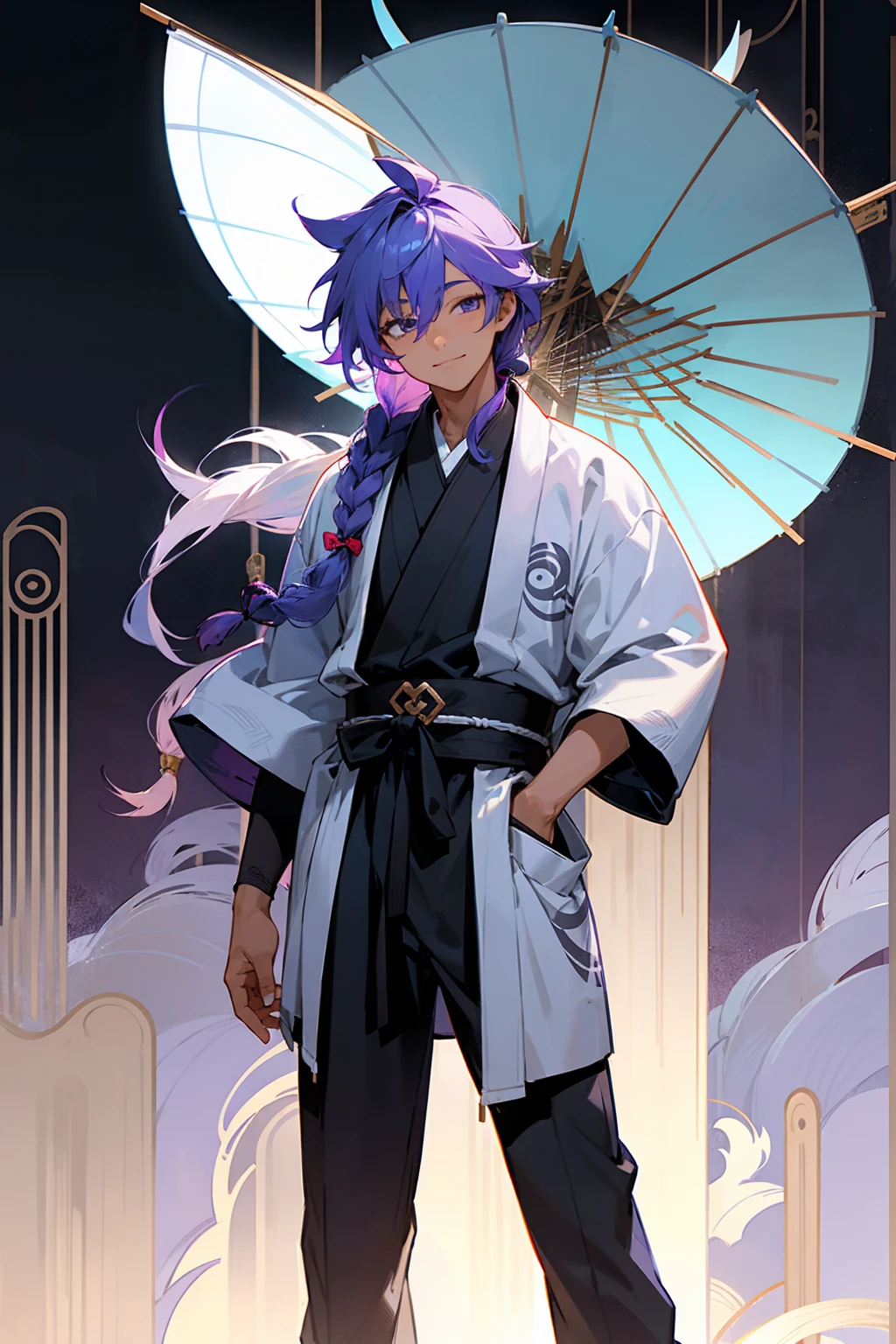 1male, tan skin, ager, blind eyes, light blue hair, dark purple hair, half blue half purple hair, one braid in back, smiling expression, open black and white ukata, old japanese background, , detailed background, detailed face, standing on path, hand to side