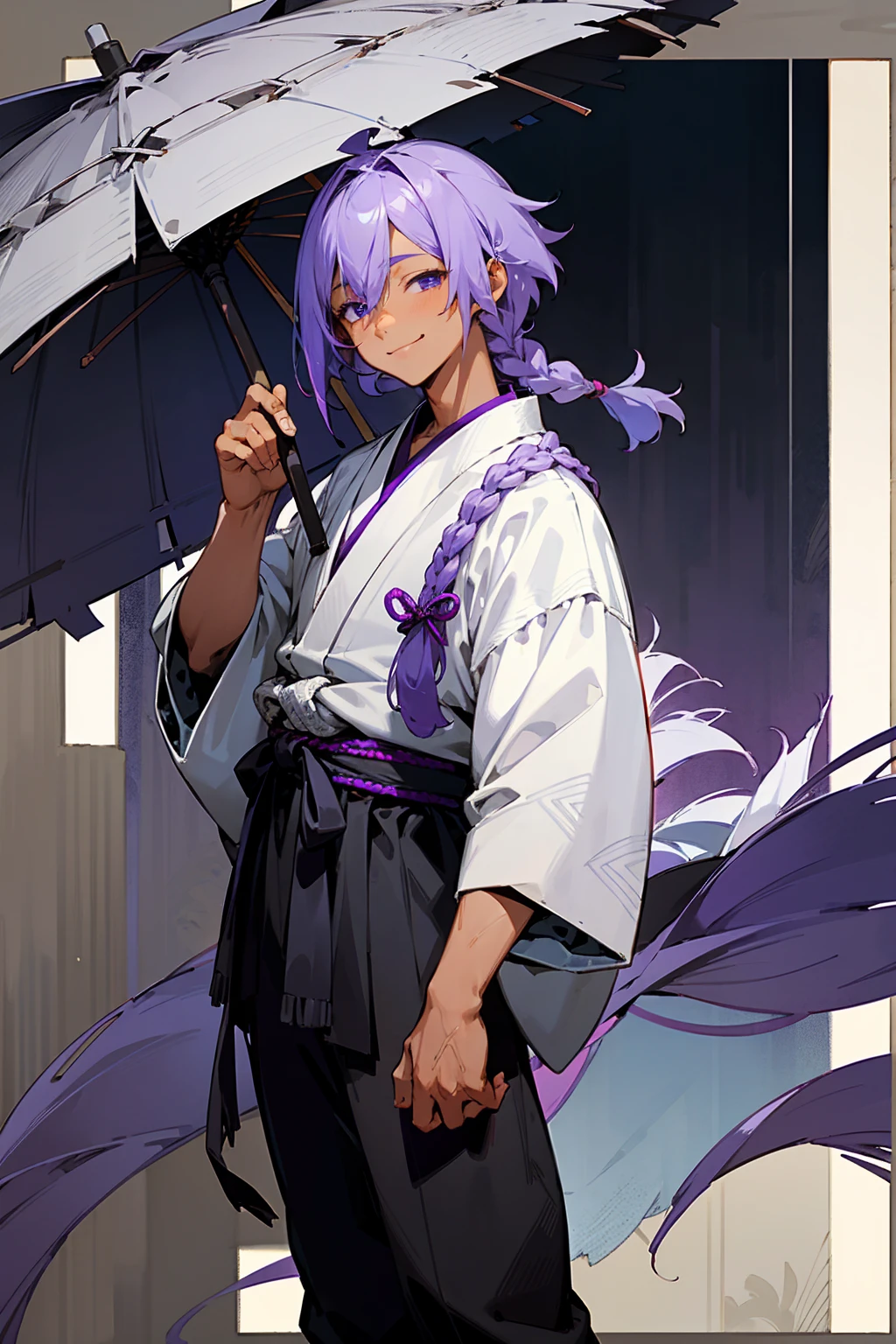 1male, tan skin, teenager, blind eyes, light blue hair, dark purple hair, half blue half purple hair, one braid in back, smiling expression, open black and white ukata, old japanese background, , detailed background, detailed face, standing on path, hand to side