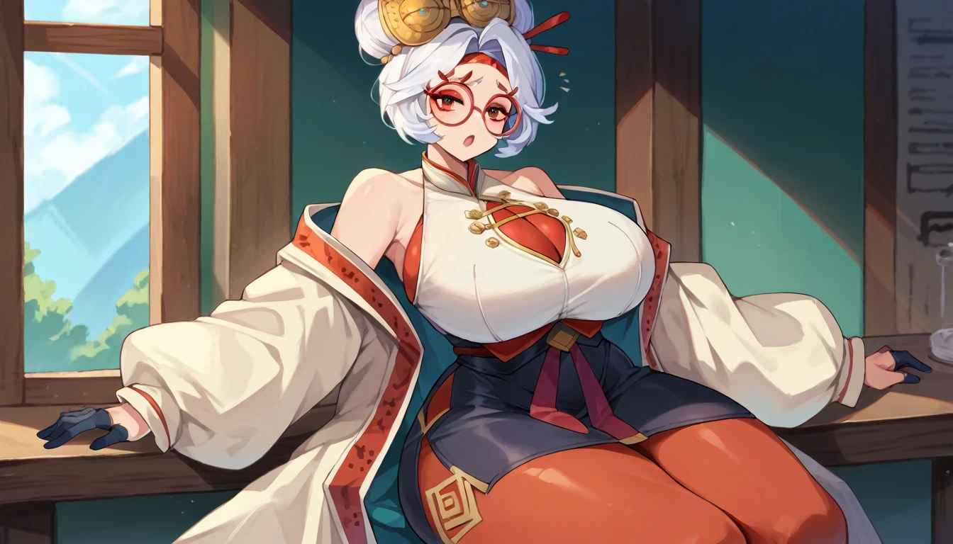 score_9, score_8_up, score_7_up, score_6_up, score_5_up, score_4_up, (source_anime), purah, 1girl, huge breasts, narrow waist, thick thighs, hair ornament, red headband, red glasses, sleeveless shirt, white coat, black skirt, red leggings, gloves, high heels, ahegao,brainwashing,empty eyes, (Open legs:1.5)(((nsfw)))(question mark)