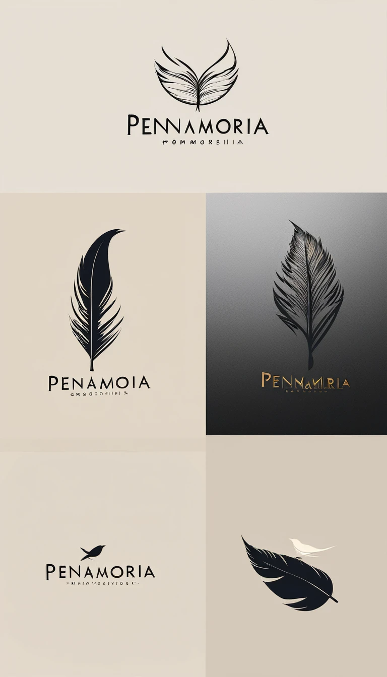 A minimal, modern, simple, cinematic logo design for the brand “Penamemoria". Create a modern, minimalistic, high-quality, logo of a bird feather
