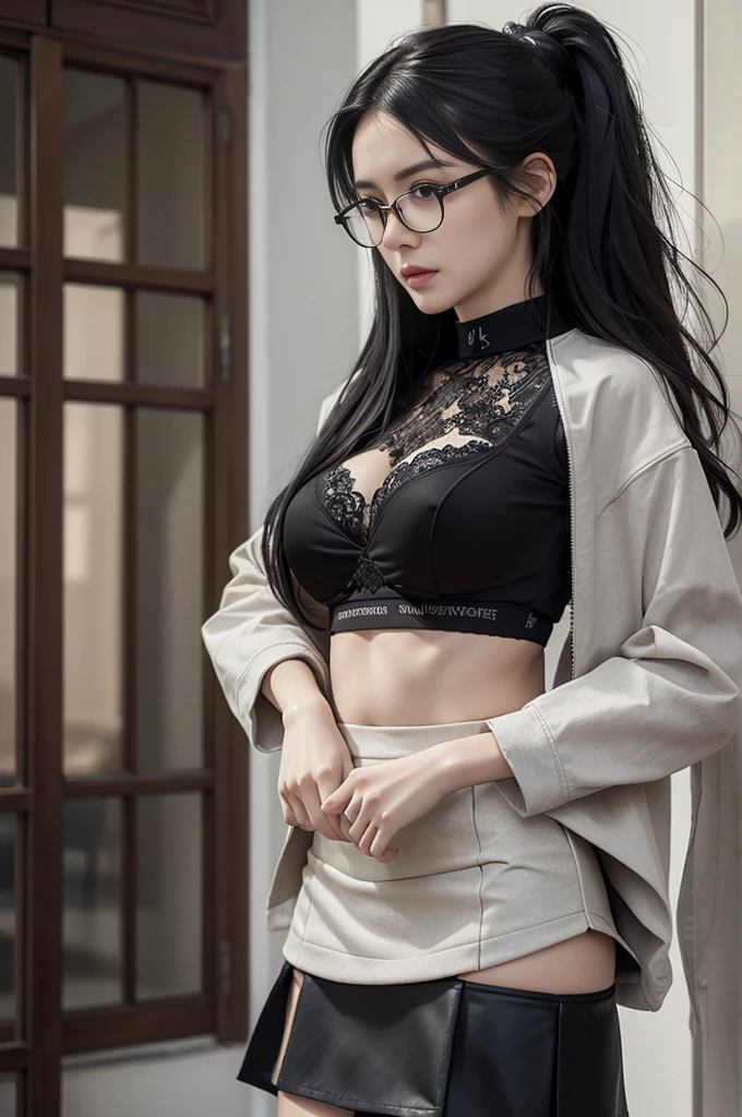 (masterpiece), (Highest quality), (High resolution), detailed, (複雑なdetailed 1.2), (Hyper detailed 1.4), (Gorgeous Digital Art 1.2), One girl, Mature Woman, masterpiece, Mistress showing her bra, goddess,Hair tied up on top of head ,((Black Hair)),Glasses, (Tight Skirt:1.3),(Jacket)