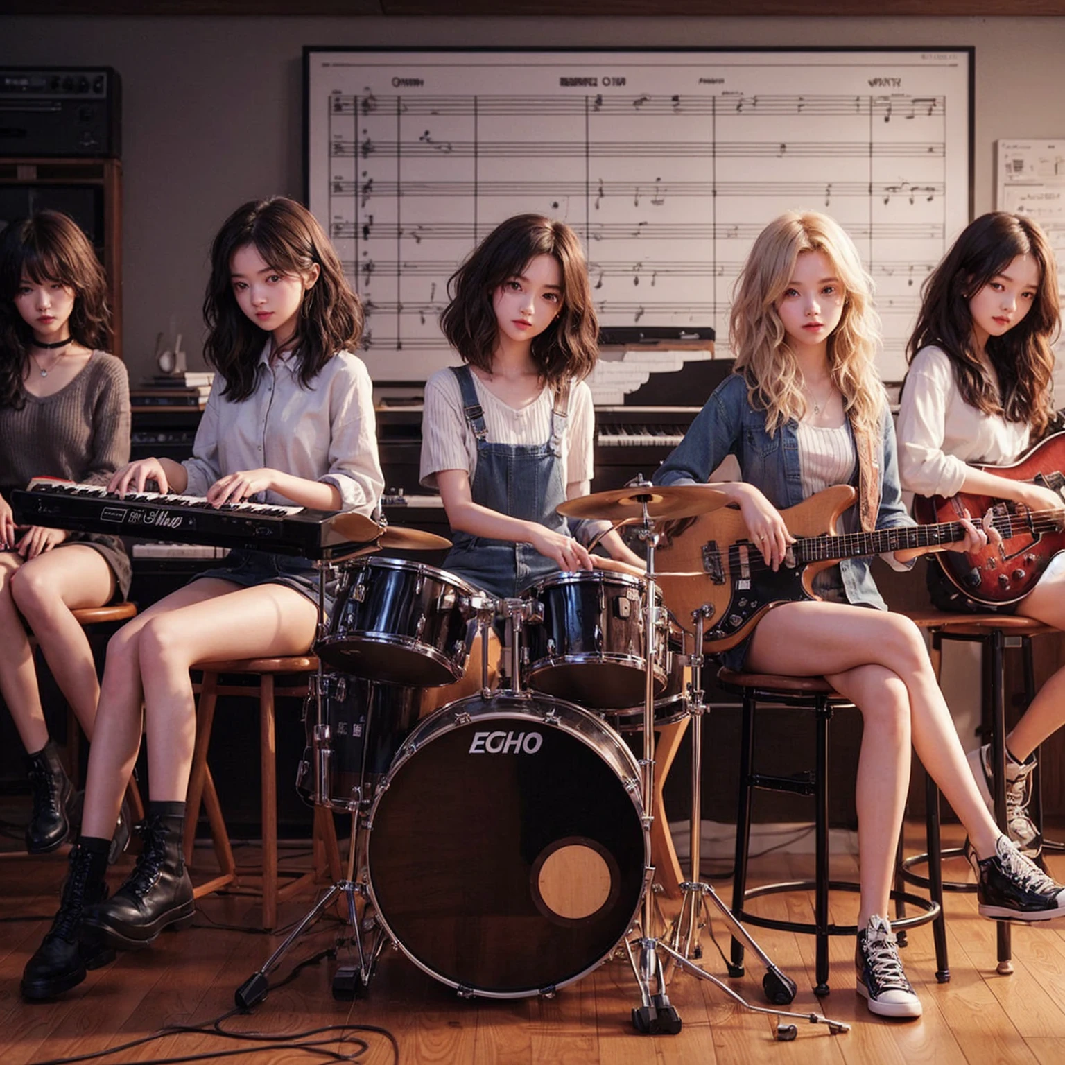 **Photo of 5 beautiful girls sitting in chairs lined up from right to left:**
- **3 girls with messy hair style**
- **2 girls with wavy bob hair style**
One girl is playing the drums, one girl is playing the piano, one girl is playing the bass guitar, one girl is playing the guitar, and one girl is singing. They are sitting behind a board with the word "ECHO" written on it. The background is a music studio, complete with drums, guitars, bass guitar, and piano. The image is ultra HD, 4k, and realistic.