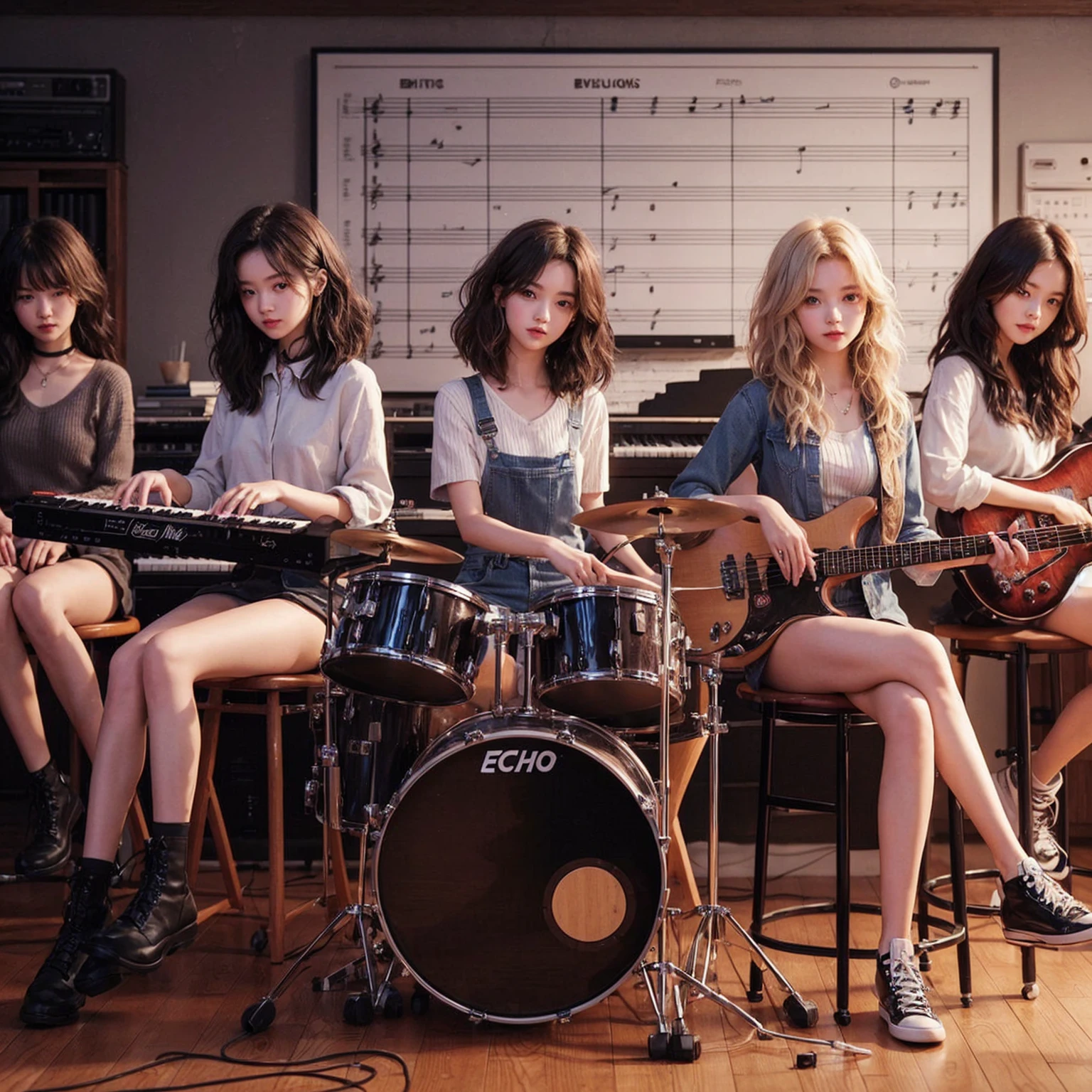 **Photo of 5 beautiful girls sitting in chairs lined up from right to left:**

- **3 girls with messy hair style**
- **2 girls with wavy bob hair style**

One girl is playing the drums, one girl is playing the piano, one girl is playing the bass guitar, one girl is playing the guitar, and one girl is singing. They are sitting behind a board with the word "ECHO" written on it. The background is a music studio, complete with drums, guitars, bass guitar, and piano. The image is ultra HD, 4k, and realistic.