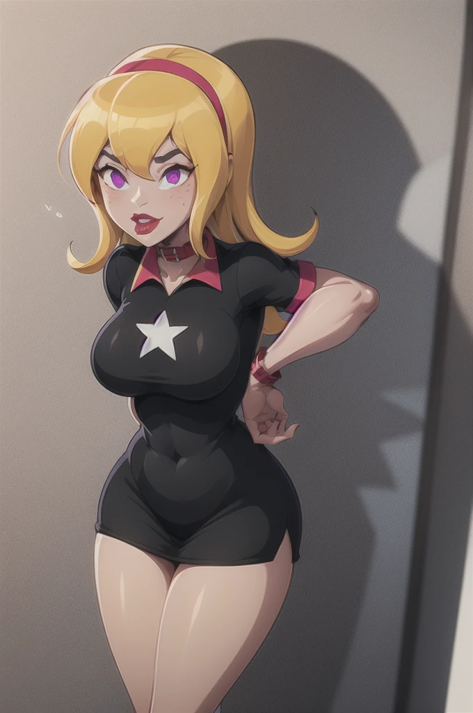 yellow hair, black dress, freckles, lipstick, big , purple eyes, Lucy Mann, big ass, seductive pose, solo, tight outfit, masterpiece, high quality, humanoid, ultra 4k, black polo, red collar, red cuffs