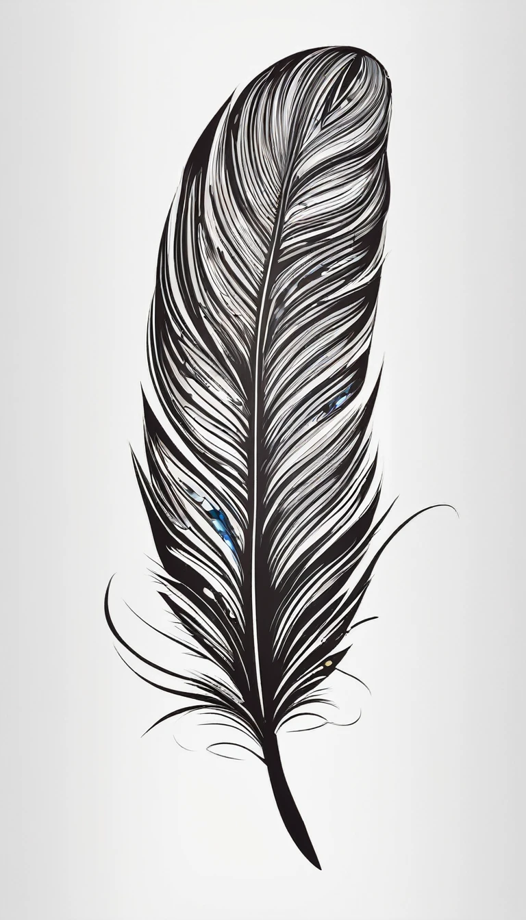 Create a logo design of a special, unique, poetic, minimalistic feather that represents a special creative brand called " Penamemoria". The brand is created by an artist called Rafael Figueiras. The logo must convey the sense of storytelling and music. Must include a boy, one acoustic guitar, a feather and a fantastic bird. Logo design and icon design present and impressed on a white t-shirt.