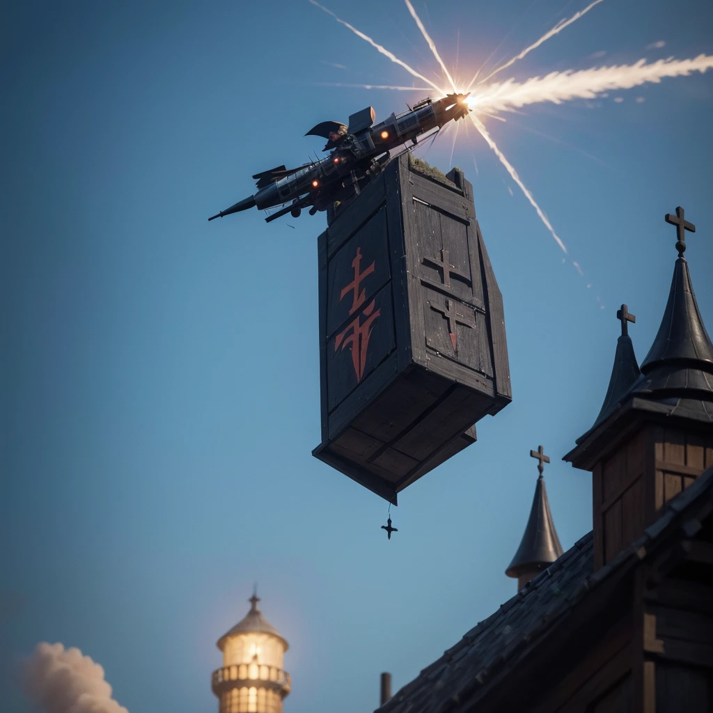 Make me the animated image of a bishop sacrificing towards a rook. Draw the bishop as if it were a kamicaze plane towards the enemy tower.