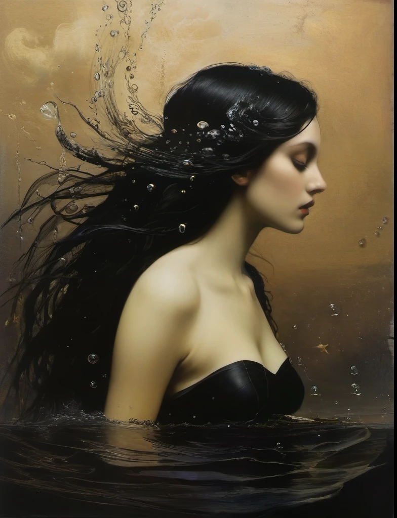 James Gurney, Surrealist art , dream-like, mysterious, Provocative, symbolic, Complex, detailed,, (Gothic but very beautiful:1.4), (masterpiece, Highest quality:1.4) , Nicola Samori Style, Goddess-like mermaid、Water bubbles