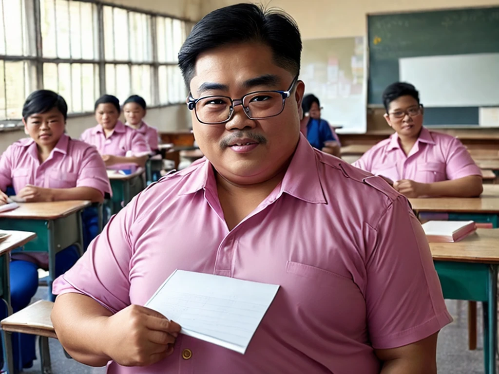 Best quality, intricate, masterpiece, man Indonesian, Teacher, muscle, mature old age, chubby, teacher's uniform, teaching students, class room,  big dick, transparent glasses.