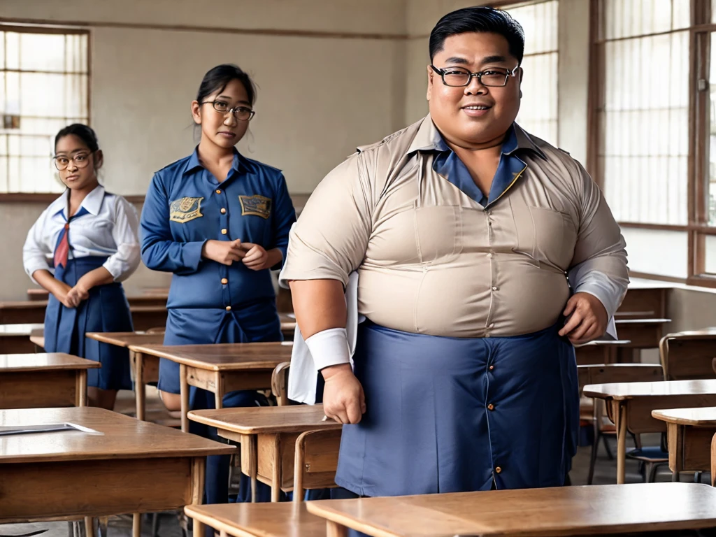Best quality, intricate, masterpiece, man Indonesian, Teacher, muscle, mature old age, chubby, teacher's uniform, teaching students, class room, big dick, transparent glasses.