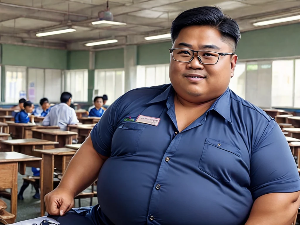 Best quality, intricate, masterpiece, man Indonesian, Teacher, muscle, mature old age, chubby, teacher's uniform, teaching students, class room, big dick, transparent glasses.