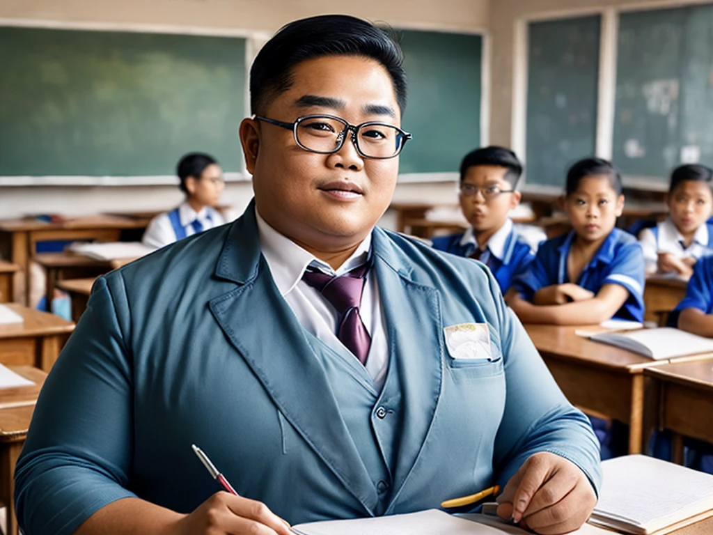 Best quality, intricate, masterpiece, man Indonesian, Teacher, muscle, mature old age, chubby, teacher's uniform, teaching students, class room, big dick, transparent glasses.