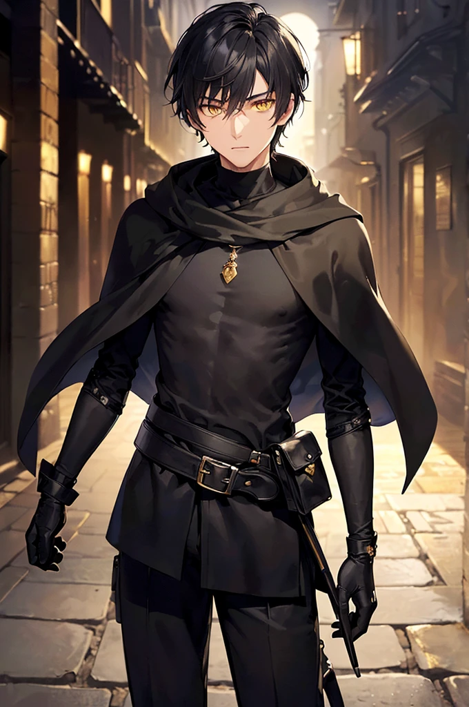 (masterpiece; best quality: 1.2), (finely detailed eyes: 1.3), ((25 year old man)), ((solo)), (yellow eyes: 1.4), (body; lithe, lean, slender: 1.3), (very short black hair: 1.3), (beautiful and clear background: 1.2), ((depth of field)), (clothes: black assassin attire + black high-neck tunic + black pants + black gloves + black cloak + belts + traveler pouches and satchel: 1.3), (anime illustration: 1.2), (background; medieval slums alleyway + night: 1.1), (extremely fine and handsome: 1.1), (shot composition; standing + centered on torso + close-up: 1.5), (expression; calm, stoic: 1.2)
