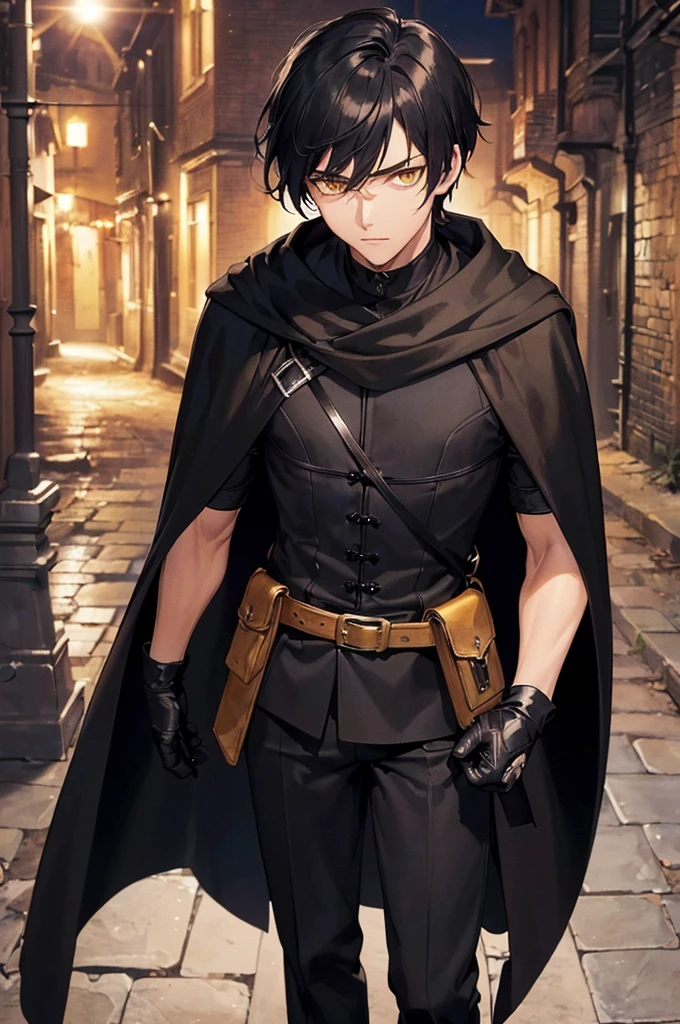 (masterpiece; best quality: 1.2), (finely detailed eyes: 1.3), ((25 year old man)), ((solo)), (yellow eyes: 1.4), (body; lithe, lean, slender: 1.3), (very short black hair: 1.3), (beautiful and clear background: 1.2), ((depth of field)), (clothes: black assassin attire + black high-neck tunic + black pants + black gloves + black cloak + belts + traveler pouches and satchel: 1.3), (anime illustration: 1.2), (background; medieval slums alleyway + night: 1.1), (extremely fine and handsome: 1.1), (shot composition; standing + centered on torso + close-up: 1.5), (expression; calm, stoic: 1.2)