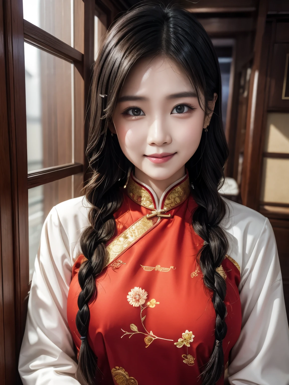 Eyes are very fragile，Double braids with cheongsam，Chinese New Year Decorations（（Smiling artwork）））， （（best quality））， （（Intricate details））， （（Surreal））（8K）