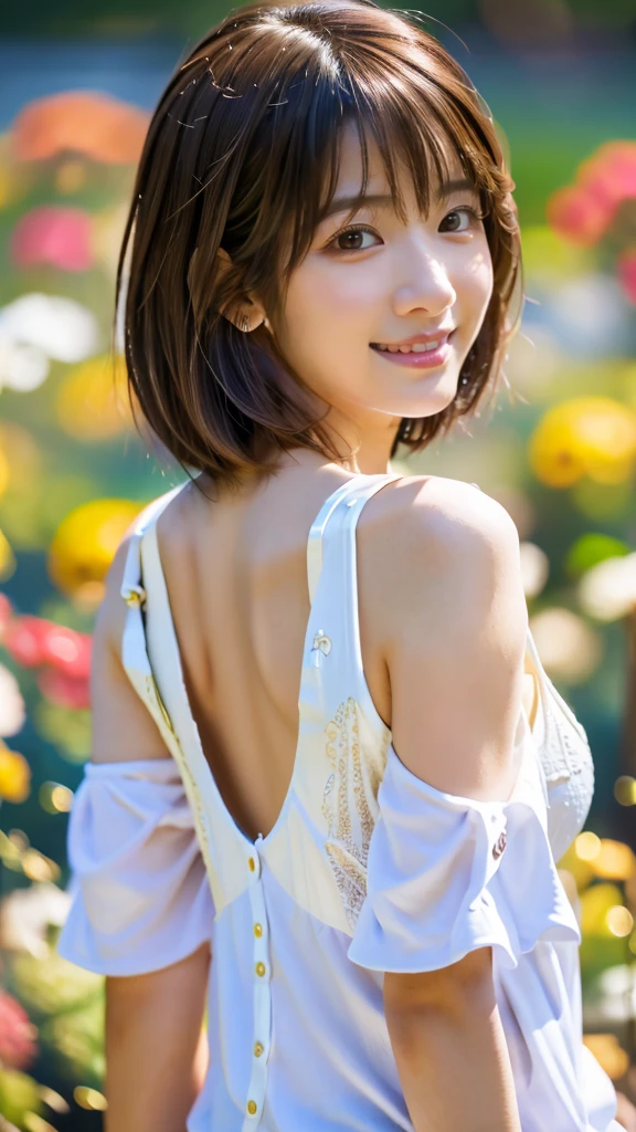 Highest quality, Realistic, Very detailed, finely, High resolution, 8k wallpaper, Professional, High level of detail, ((18-year-old girl:1.2)), Slender Japanese women,Pretty lips, (Beautiful long eyelashes:1.2)、Collarbone Detail, Perfect Face, (cute short bob hair:1.5),Highest quality,Ultra-clear resolution,Clear Eyes,White skin,Perfect big breasts,have perfect legs,Focus on the legs,(garden:1.5)、(A serious expression and a kind smile:1.5)、