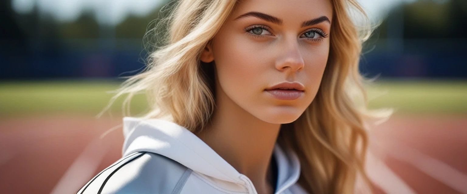 Masterpiece, Best Quality, wallpaper,beautiful blonde college student 18 years old, in track suit, outside on the athletic field, ((Delgado, small)), Photorealist, Photo, Masterpiece, realist, realism, Photorealism, High contrast, Photorealist digital art trending on Artstation 8k HD high definition detailed realist, detailed, skin texture, hyper detailed, realist skin texture, armor, Best Quality, ultra high resolution, (Photorealist:1.4),, high resolution, detailed, raw Photo, sharp fire, by lee jeffries nikon d850 film stock Photograph 4 kodak portra 400 camera f1.6 lens rich colors hyper realist lifelike texture dramatic lighting unrealengine trending on artstation cinestill 800,