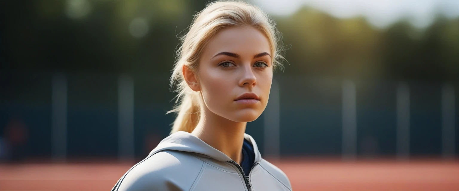 Masterpiece, Best Quality, wallpaper,beautiful blonde college student 18 years old, in track suit, outside on the athletic field, ((Delgado, small)), Photorealist, Photo, Masterpiece, realist, realism, Photorealism, High contrast, Photorealist digital art trending on Artstation 8k HD high definition detailed realist, detailed, skin texture, hyper detailed, realist skin texture, armor, Best Quality, ultra high resolution, (Photorealist:1.4),, high resolution, detailed, raw Photo, sharp fire, by lee jeffries nikon d850 film stock Photograph 4 kodak portra 400 camera f1.6 lens rich colors hyper realist lifelike texture dramatic lighting unrealengine trending on artstation cinestill 800, 