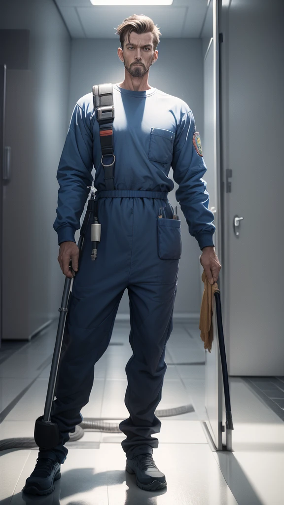 janitor man in full height arms placed in different directions T-pose