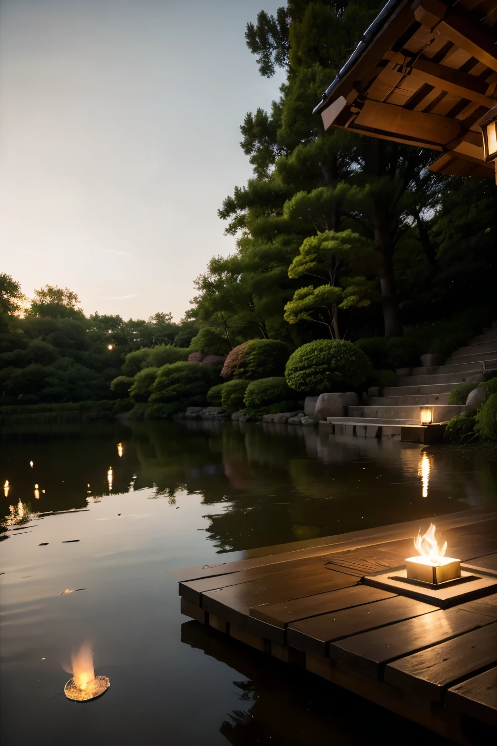 A night landscape inspired by Japanese art, with a garden lit by paper lanterns and a wooden bridge over a tranquil lake. The starry sky is reflected in the water, create a magical environment. On the shore of the lake, There is a small Zen temple, which is lit by candles, where people come together to meditate. The leaves of the trees sway gently in the wind, Creating a calm and relaxed atmosphere.