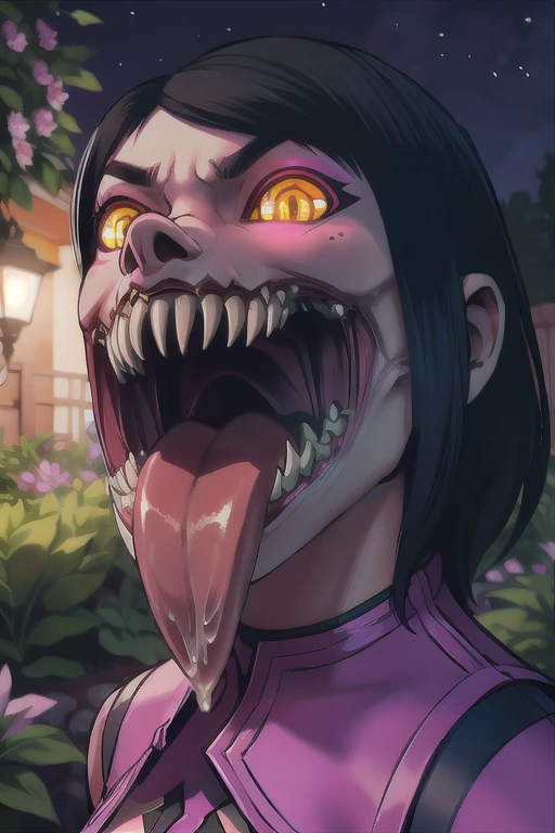 Mileena, black hair, yellow eyes, glowing eyes, sharp teeth, wide mouth, pink oufit,  looking at viewer, evil grin, serious, close up,open mouth,tongue out,spit on tongue,smirk
 outside, garden, night, extreme detail, masterpiece, beautiful quality,  