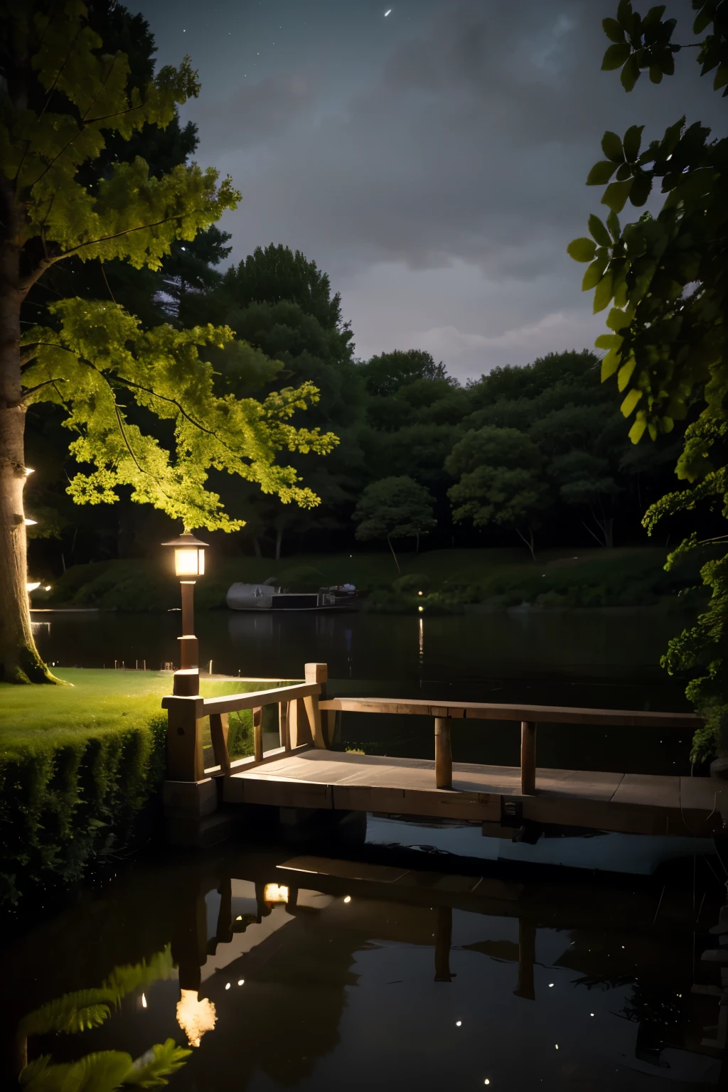 A night landscape inspired by Japanese art, with a garden lit by paper lanterns and a wooden bridge over a tranquil lake. The starry sky is reflected in the water, create a magical environment. On the shore of the lake, There is a small Zen temple, which is lit by candles, where people come together to meditate. The leaves of the trees sway gently in the wind, Creating a calm and relaxed atmosphere.