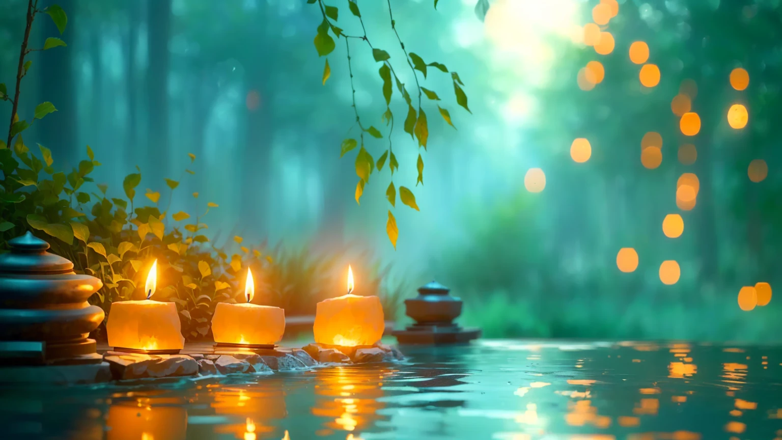 A row of lit candles on a table in the garden, Peaceful atmosphere, relax atmosphere, Floating Candles, Beautiful atmosphere, Calm evening atmosphere, relax mood, Zen Nature Background, Beautiful atmosphere, relax environment, Peaceful atmosphere, relax calm vibes, Gentle lighting, Peaceful and serene, High-resolution wallpapers, Glowing Candles, relax, Peaceful environment, Quiet and peaceful atmosphere