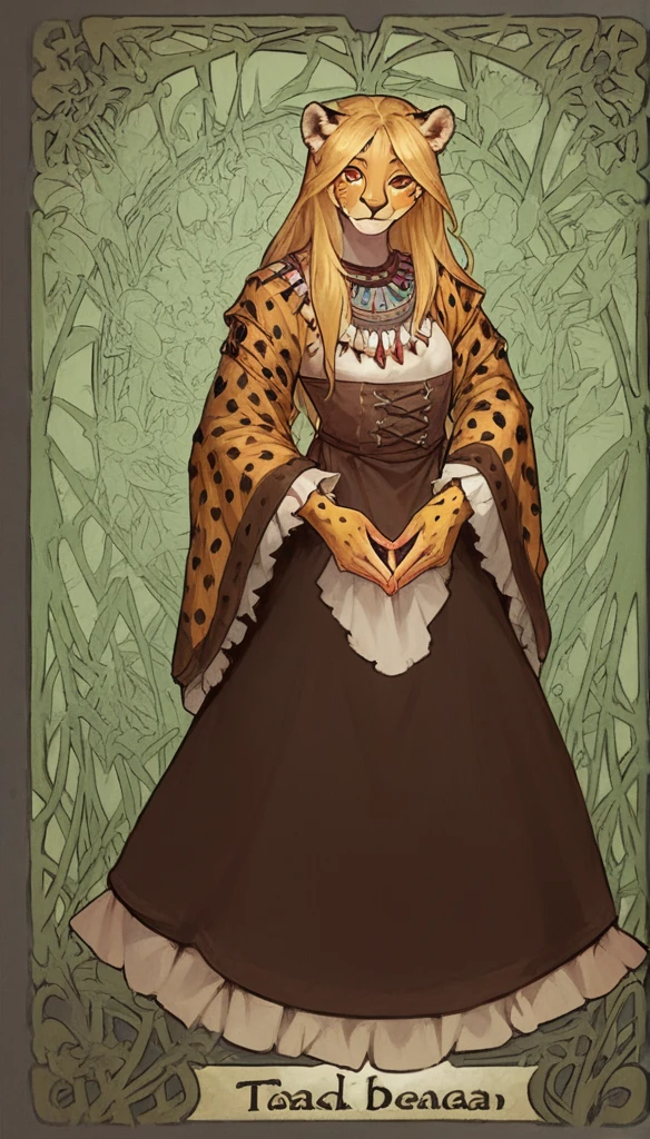 score_9, score_8_up, score_7_up, score_6_up, score_5_up, score_4_up, 
female, (tabaxi, cheetah:1.2), long hair, blonde hair, brown eyes, eyelashes, frills, tribal general costumes, long sleeves, light smile,
Full body standing painting, (((solo))), Simple line design, ((tarot card background, symmetric beauty)), perfectly symmetrical, The art of symmetry, Standing drawings of characters, ((flatcolors)), tmasterpiecetop Qualities qualtiy