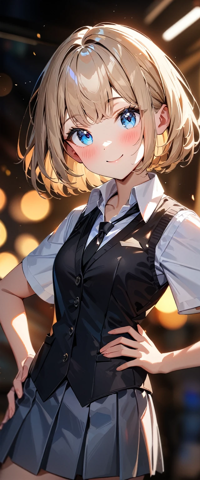 (((One girl))), blond hair, bob cut, (cowboy shot), (looking at viewer), (open collar:1.3), ((black tie under the waistcoat)), face in focus, teenager, head tilt:1.3, (((blue eye))), ((happy smile)), ((blush)), contrapposto, one hand on hip, school summer uniform, white shirts, skirt, black waistcoat, anime style, (best quality, 4k, 8k, highres, masterpiece:1.2, ultra-detailed, ultra-detailed eyes, HDR, UHD, studio lighting, ultra-fine painting, sharp focus, physically-based rendering, extreme detail description, professional, vivid colors, bokeh)