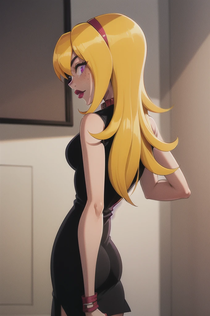 yellow hair, black dress, freckles, lipstick, big , purple eyes, Lucy Mann, big ass, seductive pose, solo, tight outfit, masterpiece, high quality, humanoid, ultra 4k, black polo, red collar, red cuffs