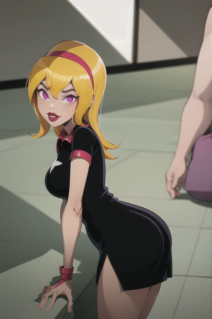 yellow hair, black dress, freckles, lipstick, big , purple eyes, Lucy Mann, big ass, seductive pose, solo, tight outfit, masterpiece, high quality, humanoid, ultra 4k, black polo, red collar, red cuffs