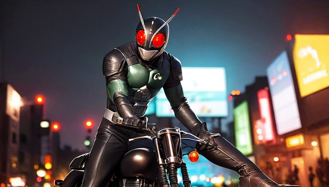 Kamen_Rider_Black_RX, (riding a motorcycle, in futuristic outfit:1.2), amazing quality, (masterpiece), (high quality), 8K, high resolution, extremely detailed, photorealistic, Kamen Rider, mechanical armor, dynamic, action-packed, detailed character design, 1man, futuristic clothing, futuristic motorcycle, (extremely detailed background:1.3), ((nighttime, darkness, low light pollution)),