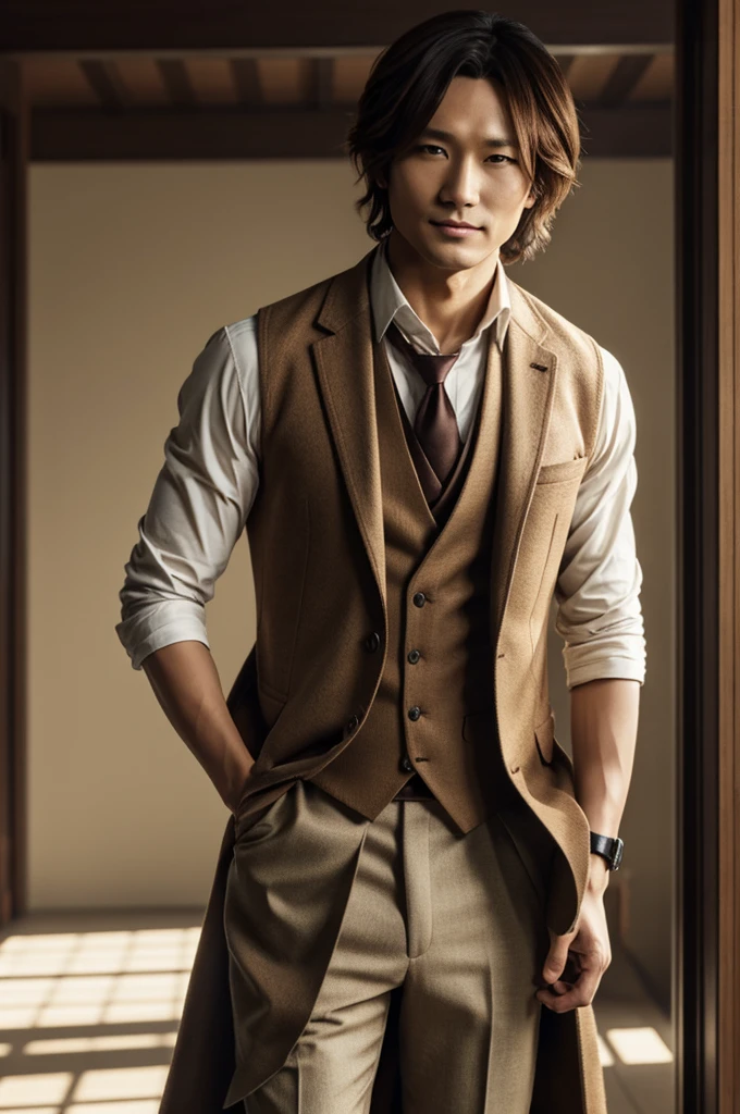 dazai, male focus, 1boy, brown hair, brown eyes, bandages, hair between eyes, shirt, pants, coat, short hair, vest, bandaged arm, smirk,