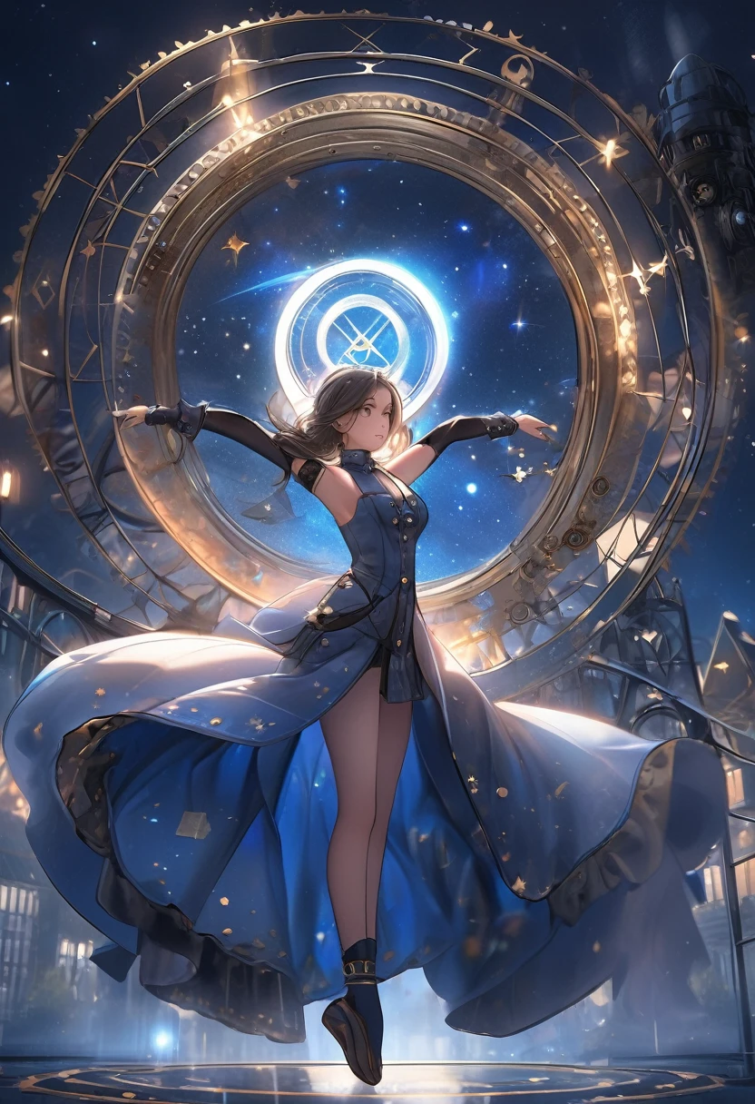 thinking , blue steampunk robe , masterpiece , cloudly night full stars , steampunk robe , 1girl , soft light , magic rune mark , magic cirlce , dynamic urban gymnastic