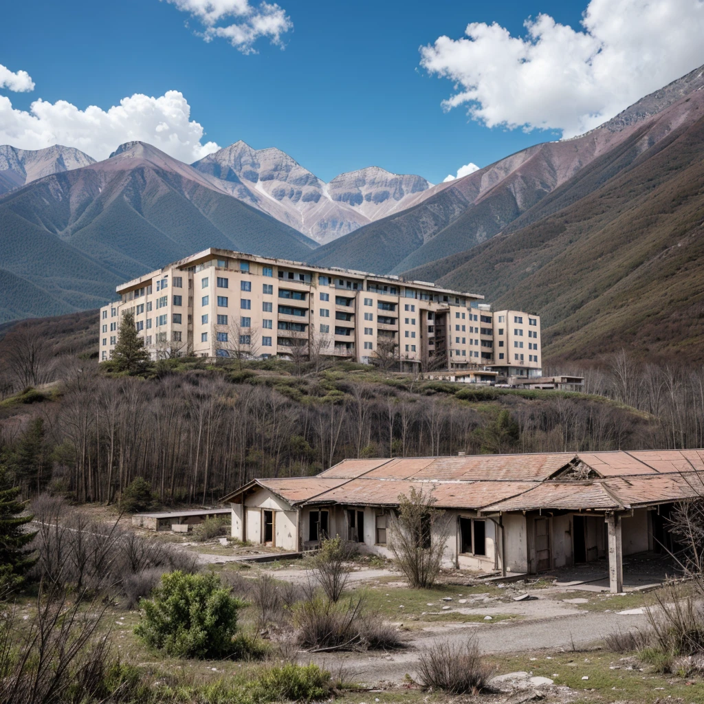 Abandoned hospital in the top of the mountain, several trees in the background of the mountains,