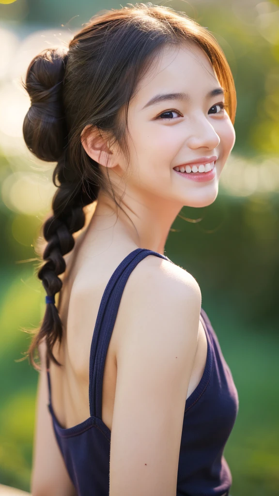 (8K、RAW Photos、highest quality、masterpiece:1.2)、(Realistic、Realistic:1.37)、Super detailed、 high resolution、1 girl、View your viewers、Beautifully detailed face、Laughter、narrow、(Slim waist) :1.3)、Beautiful and detailed skin、Skin Texture、Floating Hair、Professional Lighting、Human whole body、Shortcuts、Braided Hairstyles、Bob Hair、E cup、smile、20-year-old、Red ribbon、Baby Face、Childish smile、Sappin''、Moisturizing lips、Pale pink lips、Braided Hairstyles、Lace green underwear、Micro size underwear、Umbilical cord prolapse、D cup breasts、Cleavage