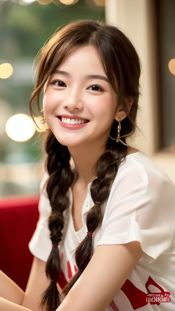 (8K、RAW Photos、highest quality、masterpiece:1.2)、(Realistic、Realistic:1.37)、Super detailed、 high resolution、1 girl、View your viewers、Beautifully detailed face、Laughter、narrow、(Slim waist) :1.3)、Beautiful and detailed skin、Skin Texture、Floating Hair、Professional Lighting、Human whole body、Shortcuts、Braided Hairstyles、Bob Hair、E cup、smile、20-year-old、Red ribbon、Baby Face、Childish smile、Sappin''、Moisturizing lips、Pale pink lips、Braided Hairstyles、Lace green underwear、Micro size underwear、Umbilical cord prolapse、D cup breasts、Cleavage